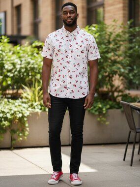 Jogal Cherry Print Button Down Men Large White Excellent Short Sleeve Cotton
